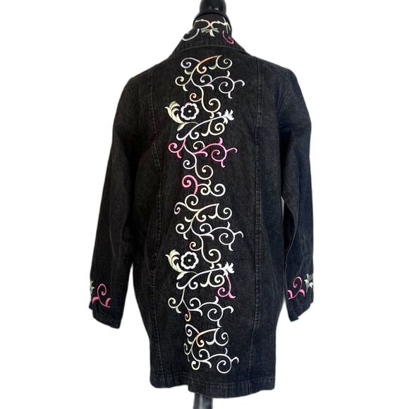 Denim & Co Black Button Front Denim Tunic Cotton Shirt Embroidered Size Small - Picture 2 of 10